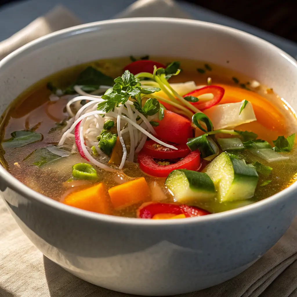 Clear soup recipe with fresh vegetables in a bowl